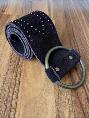 Lauren Ralph Lauren Dark Brown Brass Suede Leather Belt M Studded O Ring Chunky